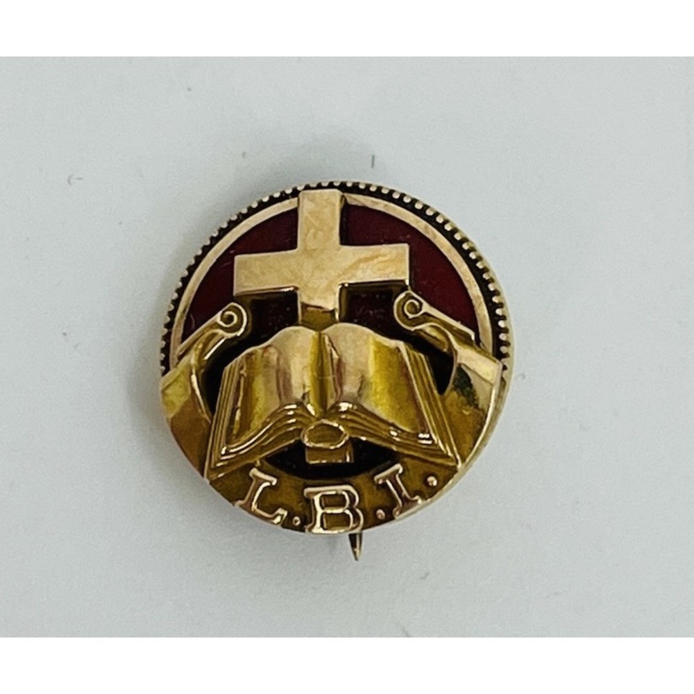 Vintage LBI Pin Cross and Bible Christian 1/2" Diameter 10kt Gold‎ Filled